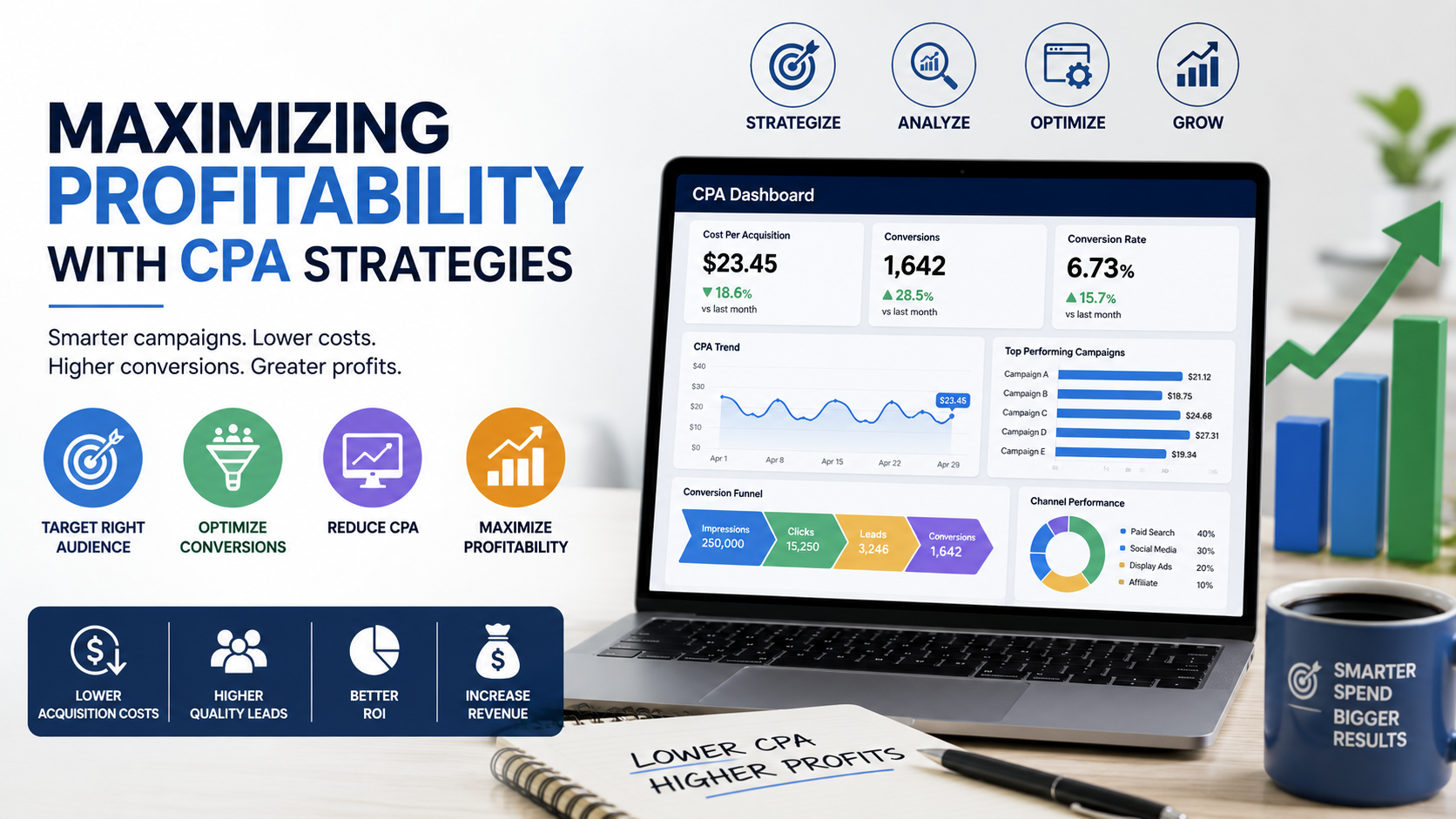 CPA dashboard illustrating cost per acquisition optimization strategies to maximize profitability and improve marketing campaign performance.